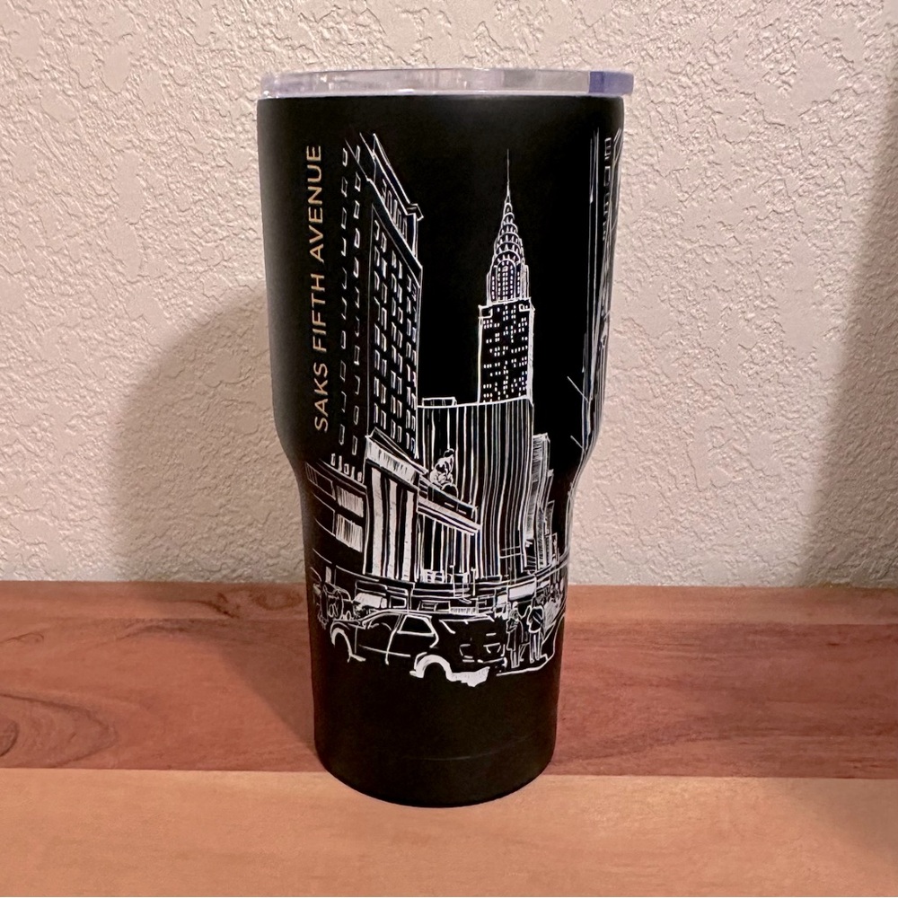 Saks NYC Fifth Avenue City Print Tumbler Matte Black NWT